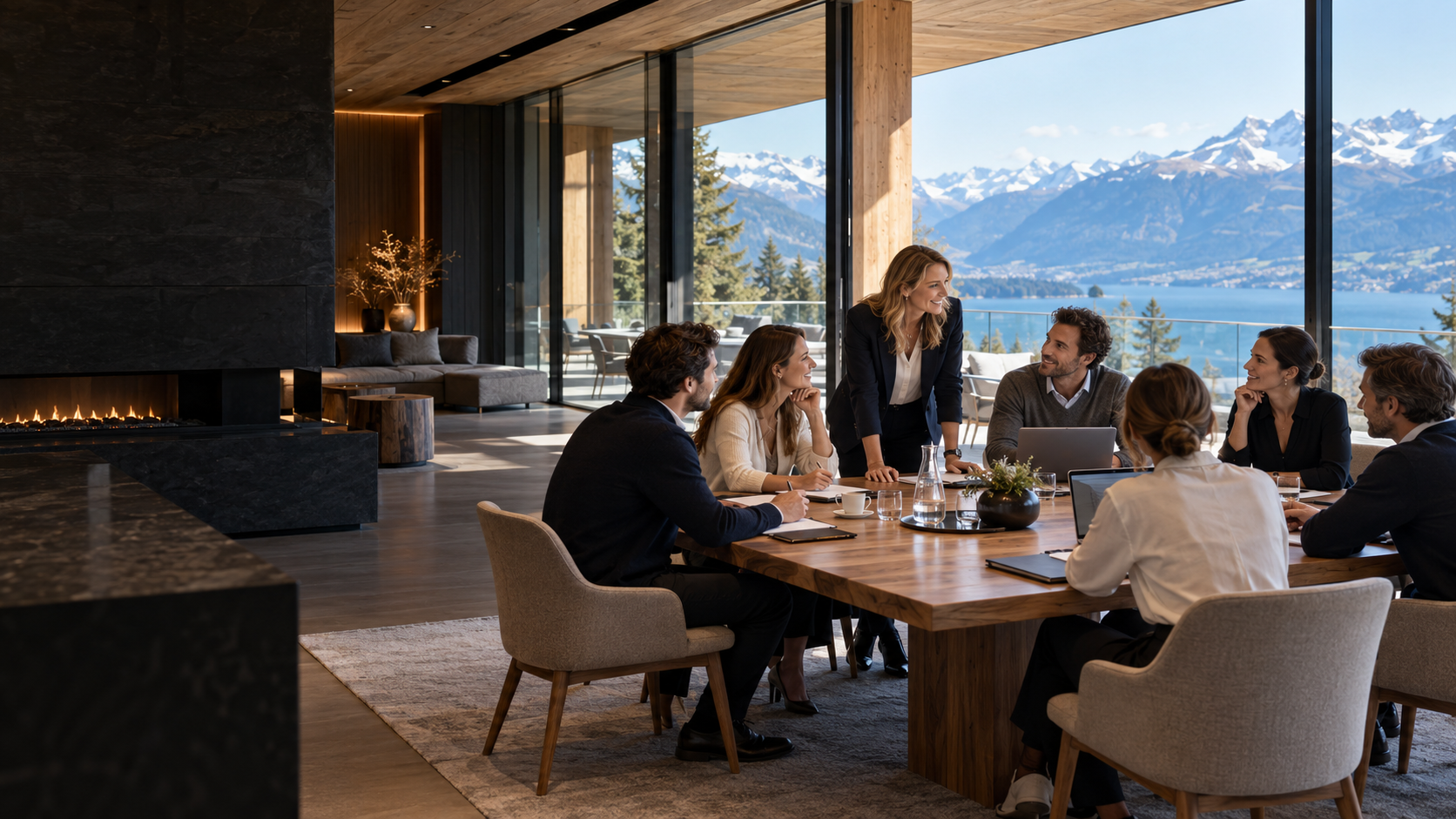 Une équipe réunie pour un atelier dans un lieu contemporain ouvert sur les Alpes